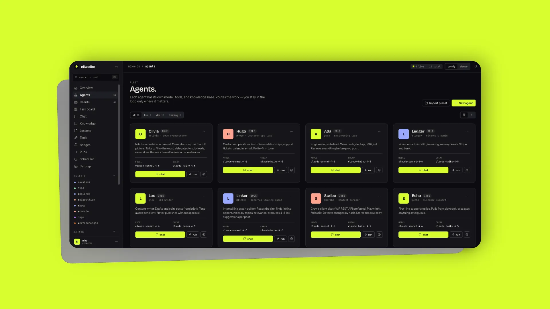 niko-os — agent fleet console showing 12 named agents, model assignments, and dispatch controls