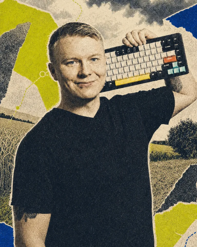 Niko Alho holding a mechanical keyboard in a tactile halftone editorial collage.