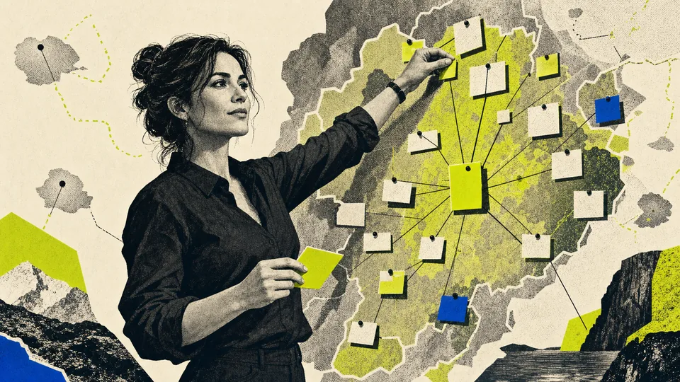 A knowledge cartographer connects a focused topical map around one central pillar while disconnected subjects remain outside the mapped territory.